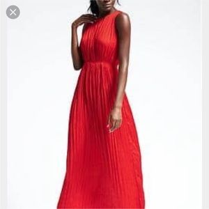 Red gathered pleated maxi dress